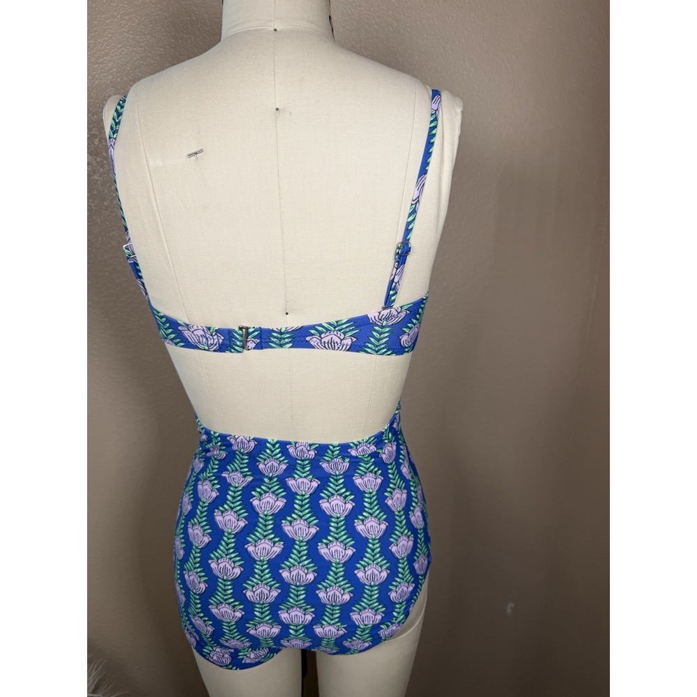 J.Crew Blue Floral One Piece Swimsuit Open Back Shelf Bra Women's Small S - Picture 2 of 4
